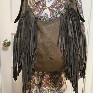 Ash Gray Fringed Leather Shoulder Bag
